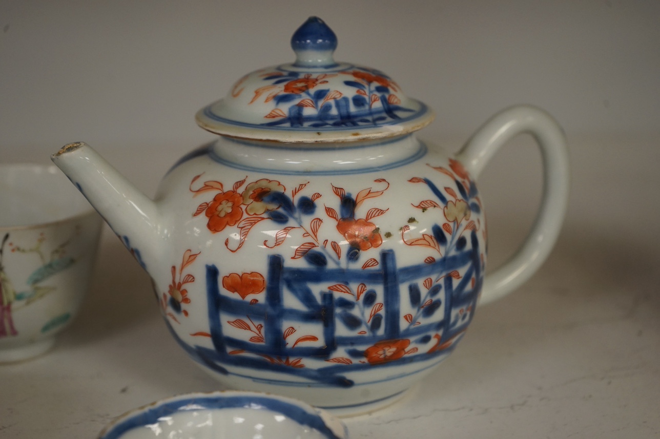 An 18th century Chinese Imari teapot and cover, a similar teabowl, four early 20th century Chinese porcelain cups and a bowl, tallest 12cm. Condition - varies